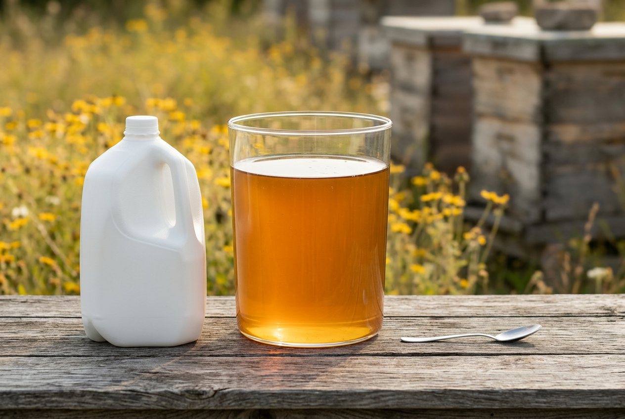 What does 60 pounds of honey look like? Shown at true scale next to a gallon milk jug and a tablespoon.