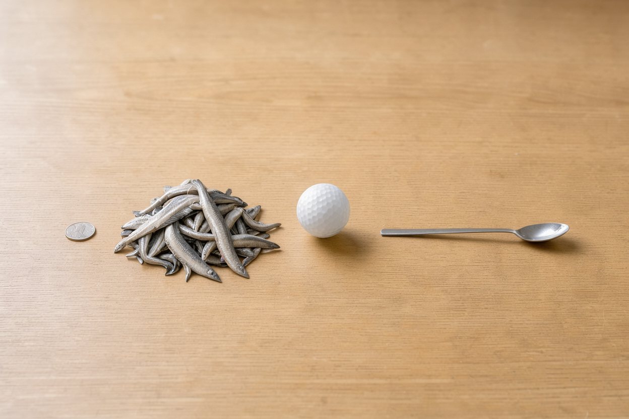 What does 150 grams of anchovies look like? Shown at true scale next to a US quarter, a golf ball and a teaspoon.