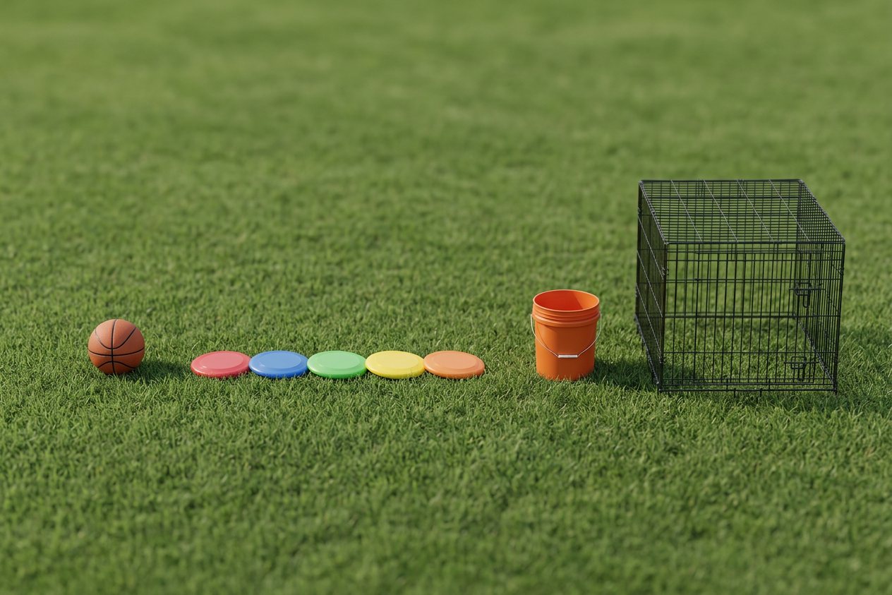 How many frisbees would fill a dog crate? Shown at true scale next to a basketball, a 5-gallon bucket and a dog crate.