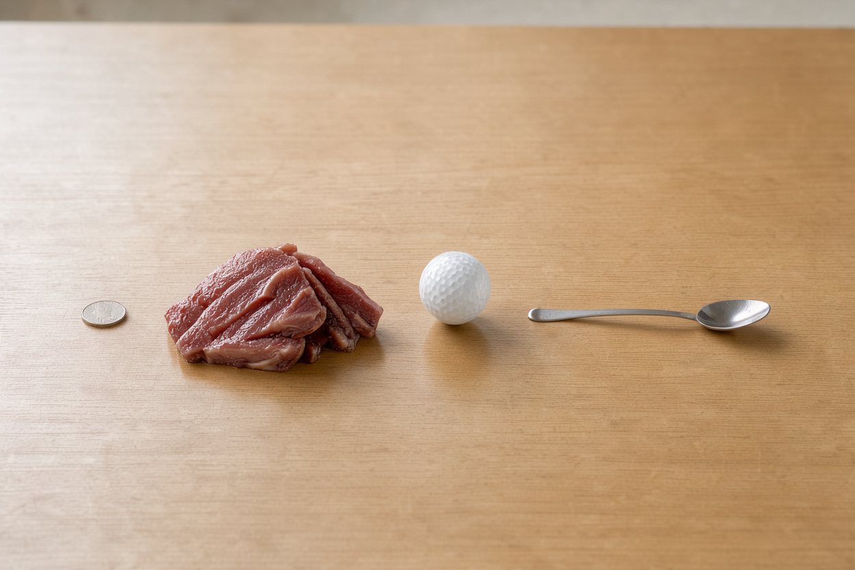 What does 200 grams of swordfish steak look like? Shown at true scale next to a US quarter, a golf ball and a teaspoon.