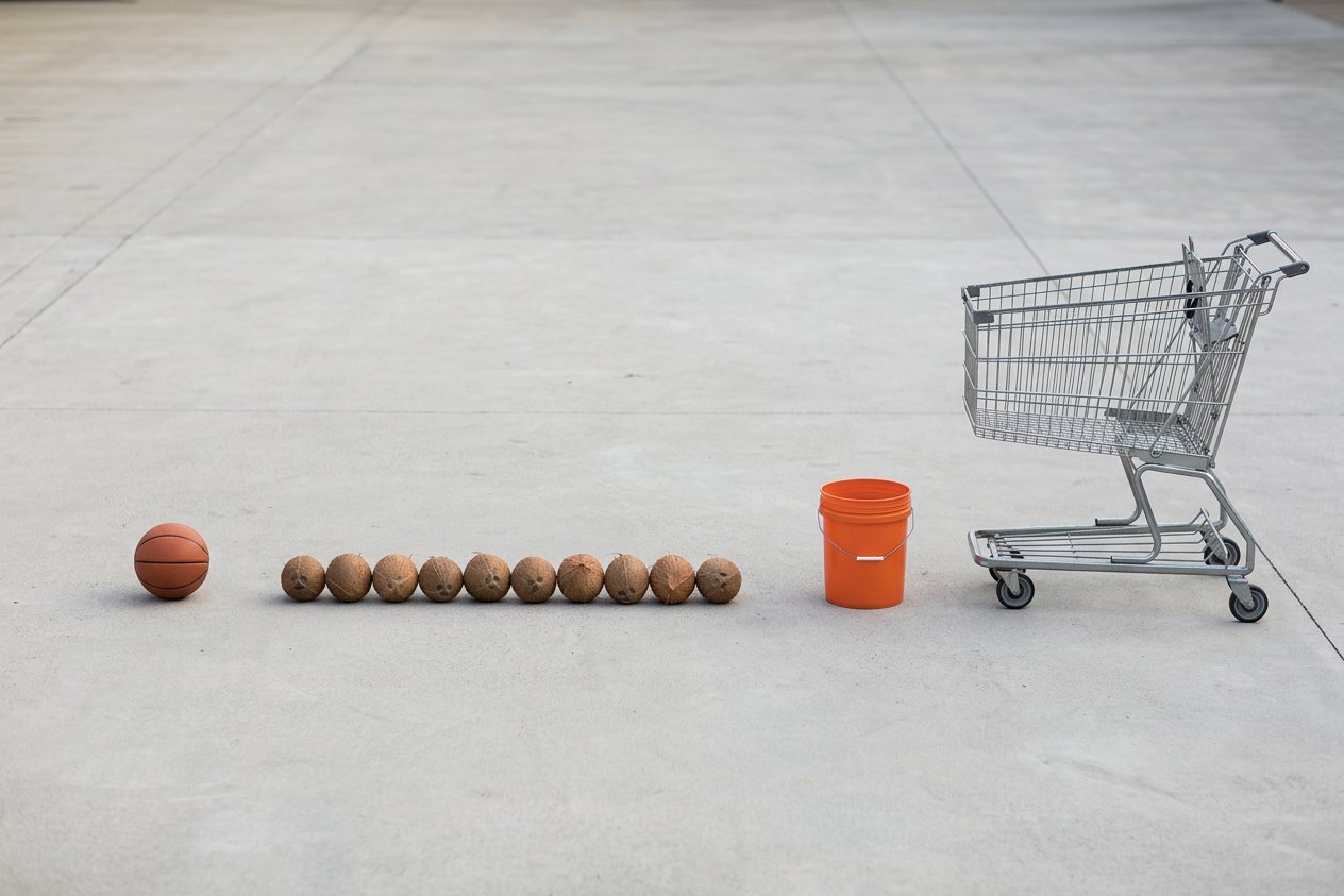 How many coconuts would fill a shopping cart? Shown at true scale next to a basketball, a 5-gallon bucket and a shopping cart.