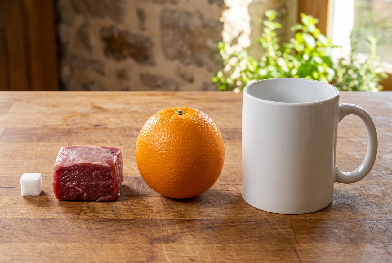 Sweet orange, in “What does 100 grams of lamb look like?”