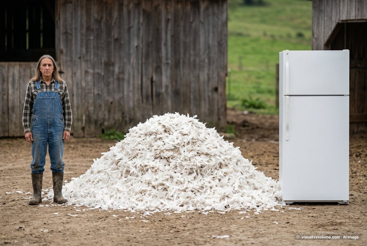 What do 1,000,000 feathers look like? Shown at true scale next to an adult person and a refrigerator.