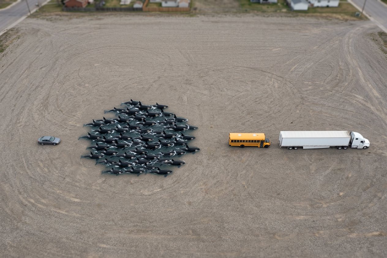 What do 50 killer whales look like? Shown at true scale next to a sedan car, a school bus and a semi truck.