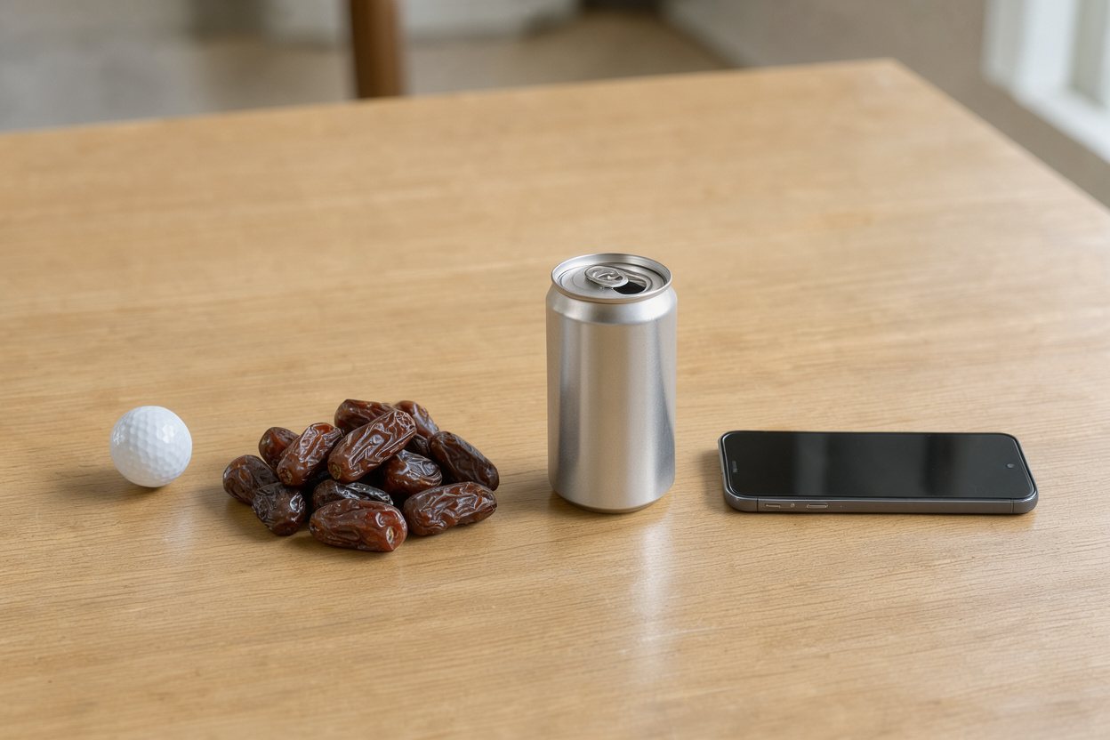 What does 1 cup of pitted dates look like? Shown at true scale next to a golf ball, a soda can and a smartphone.