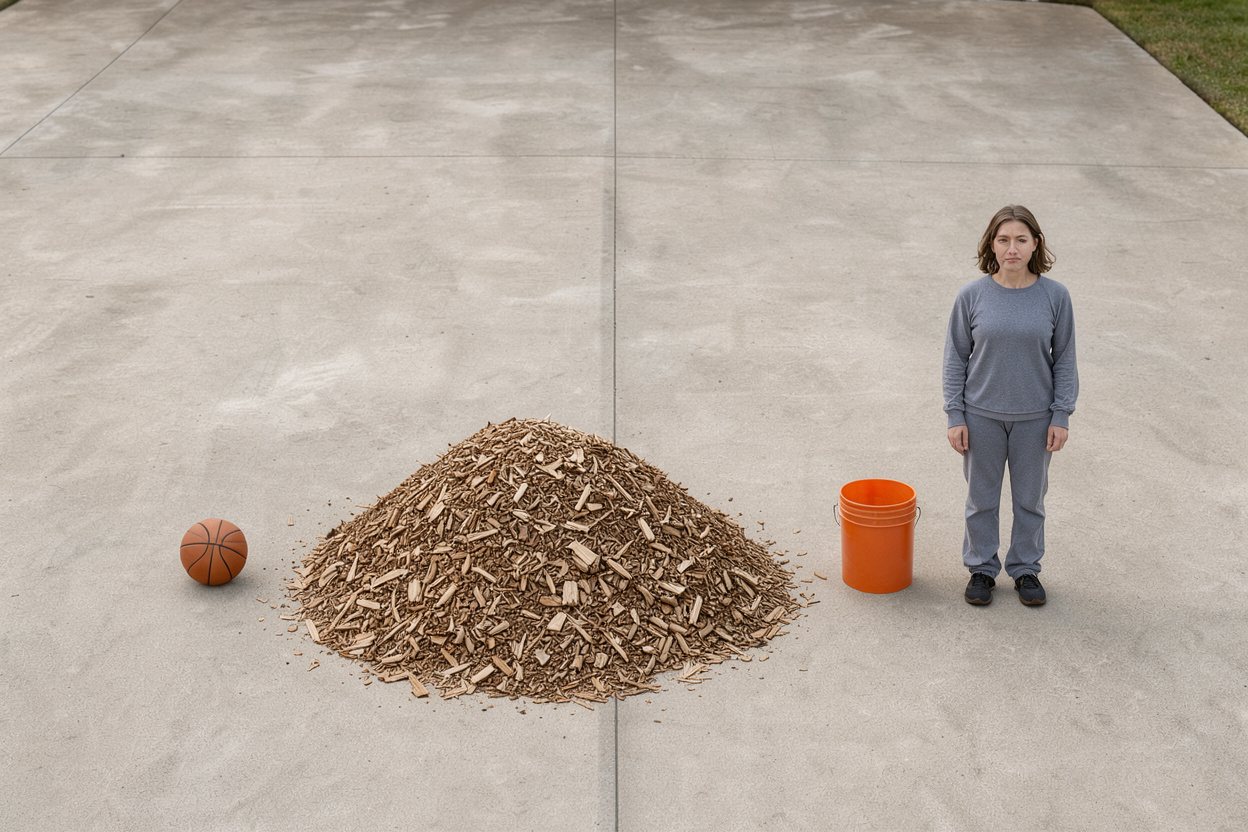 What does 20 cubic feet of wood chips look like? Shown at true scale next to a basketball, a 5-gallon bucket and an adult person.