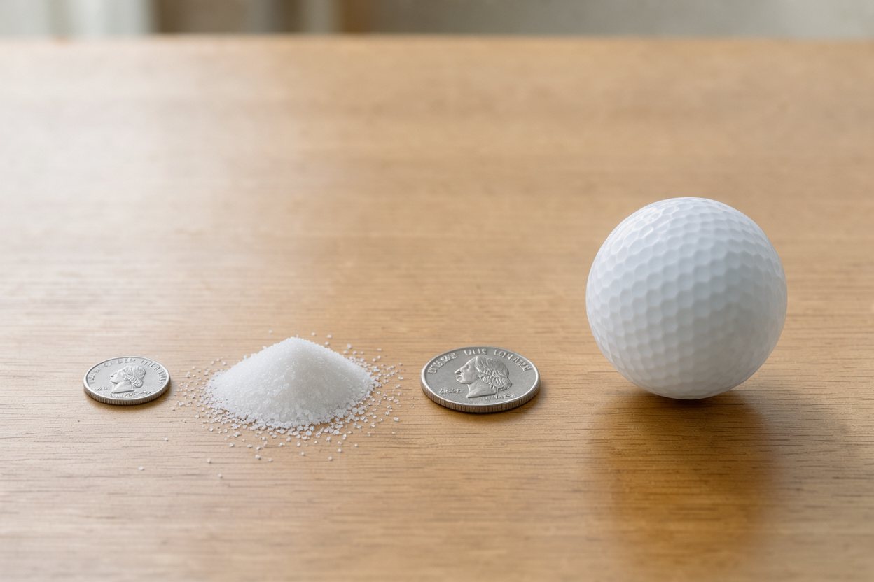 What does 5 grams of table salt (fine) look like? Shown at true scale next to a US dime, a US quarter and a golf ball.