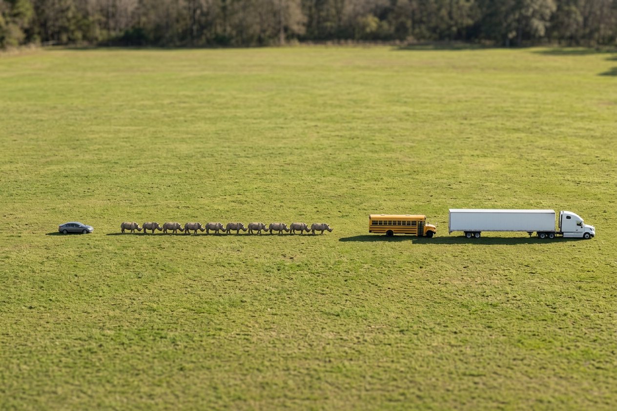 What do 10 rhinos look like? Shown at true scale next to a sedan car, a school bus and a semi truck.