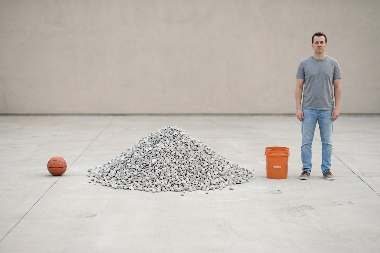 What does 1 cubic yard of crushed limestone look like? Shown at true scale next to a basketball, a 5-gallon bucket and an adult person.