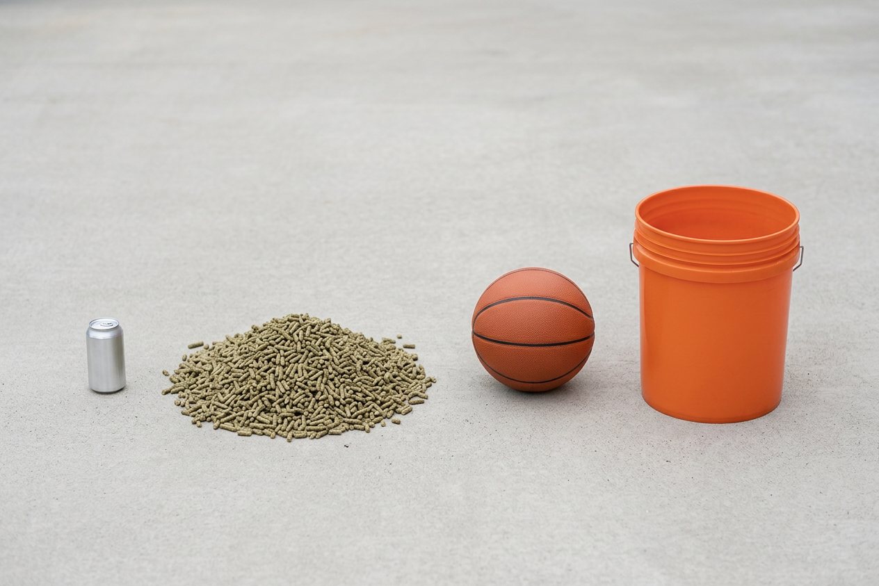 What does 15 pounds of rabbit pellets look like? Shown at true scale next to a soda can, a basketball and a 5-gallon bucket.
