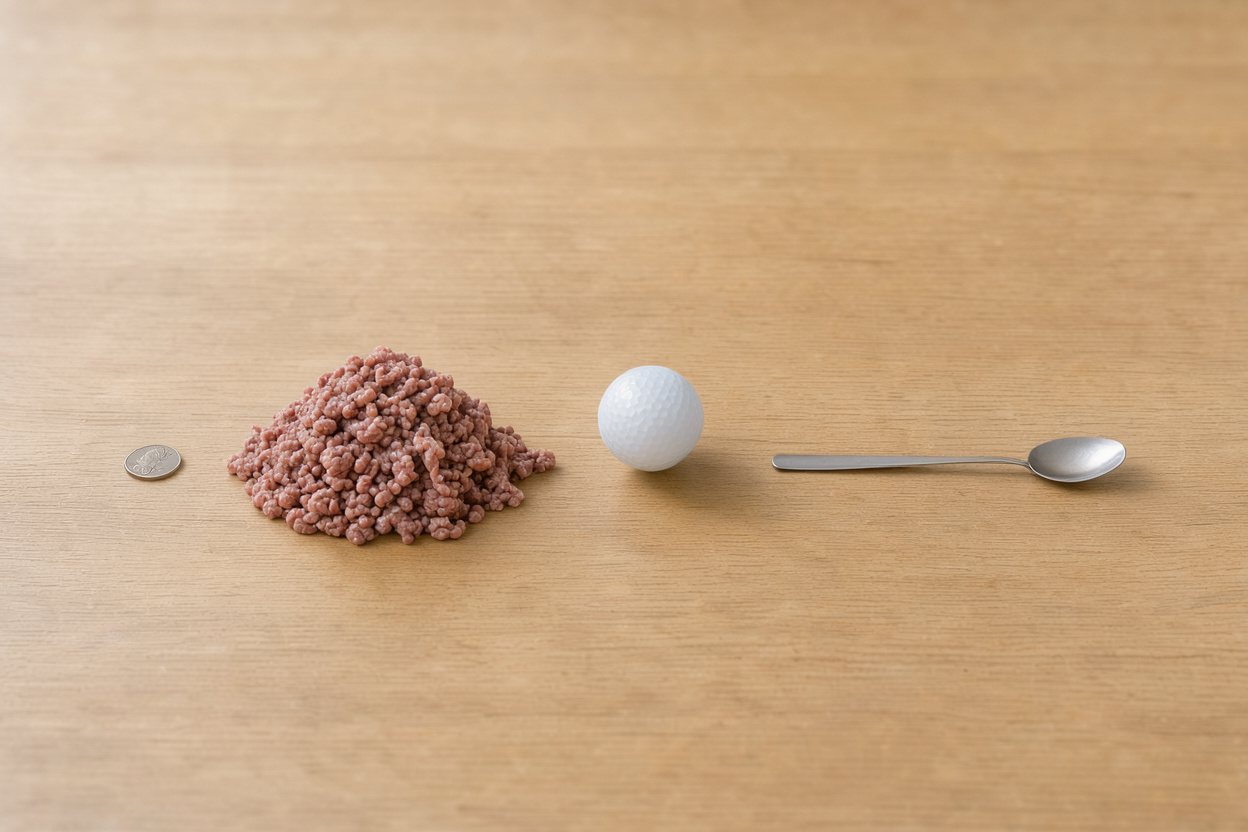 What does 200 grams of ground beef look like? Shown at true scale next to a US quarter, a golf ball and a teaspoon.
