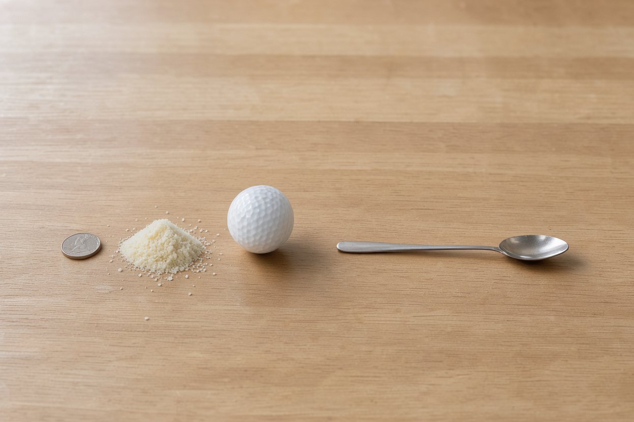 What does 1 tablespoon of grated parmesan look like? Shown at true scale next to a US quarter, a golf ball and a teaspoon.