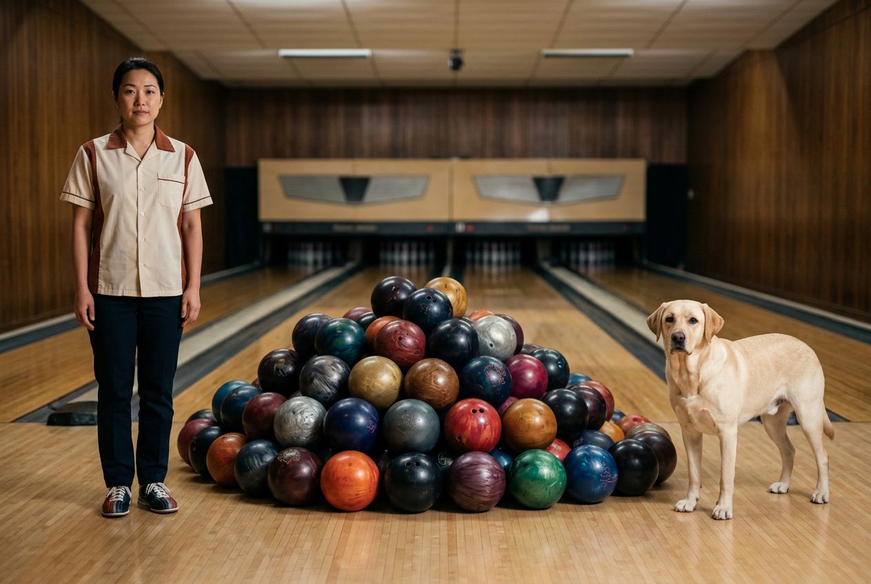 What do 100 bowling balls look like? Shown at true scale next to an adult person and a labrador retriever.
