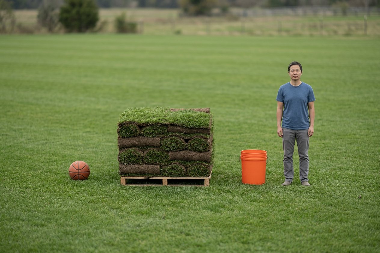 What does 1 sod pallet look like? Shown at true scale next to a basketball, a 5-gallon bucket and an adult person.