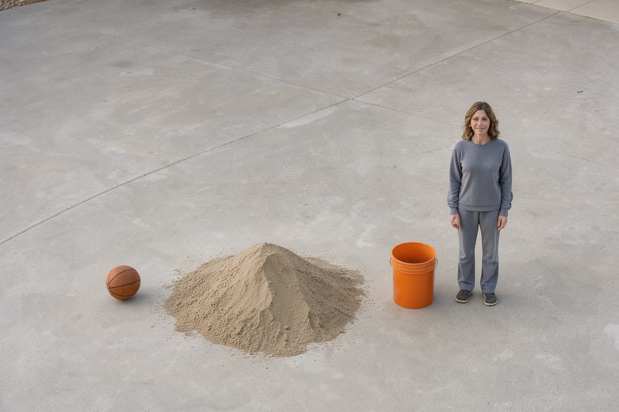 What does 8.33 cubic feet of dry sand look like? Shown at true scale next to a basketball, a 5-gallon bucket and an adult person.