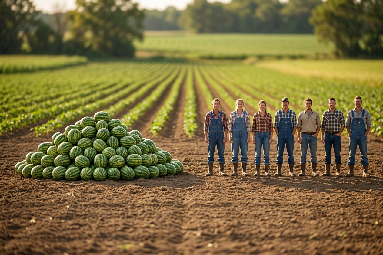 200 watermelons vs 8 people: size comparison