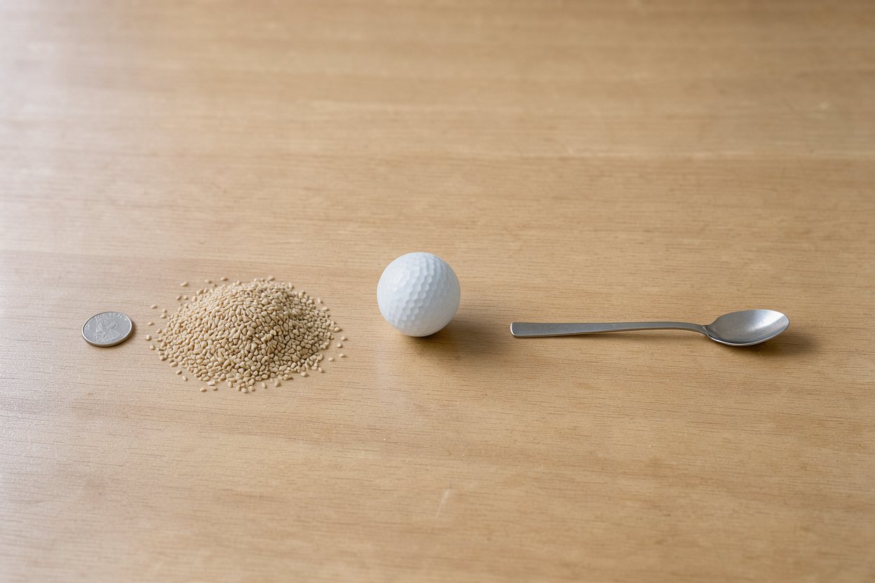 What does 0.25 cups of sesame seeds look like? Shown at true scale next to a US quarter, a golf ball and a teaspoon.