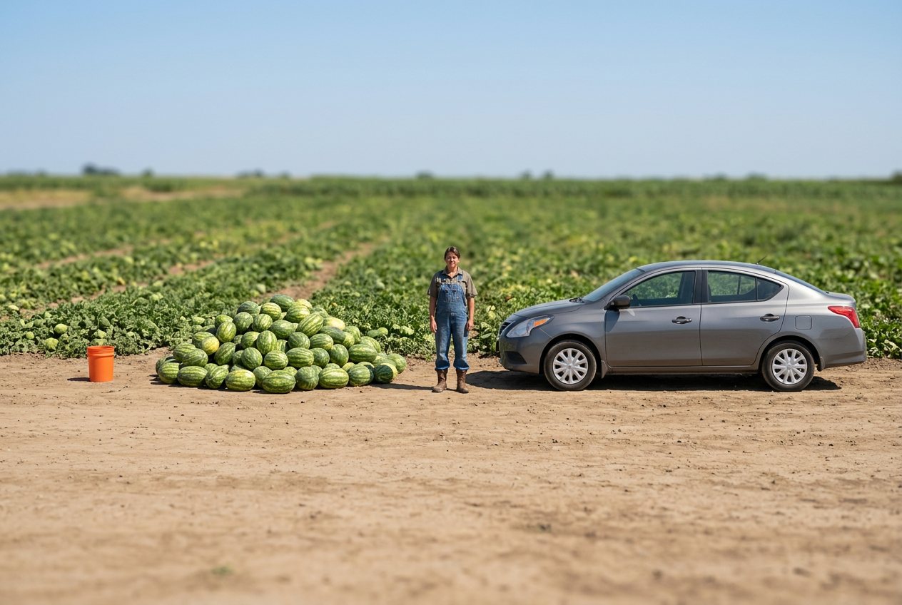 What do 200 watermelons look like? Shown at true scale next to a 5-gallon bucket, an adult person and a sedan car.