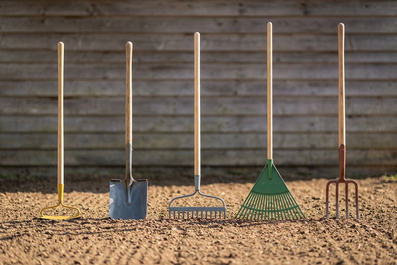 Hula hoe vs shovel vs gravel rake vs leaf rake vs pitchfork: size comparison