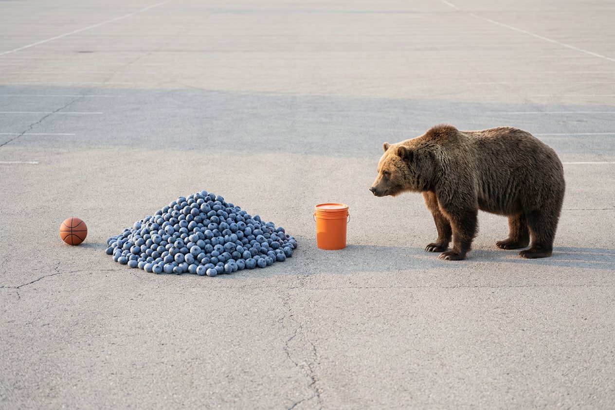 How many blueberries weigh as much as a grizzly bear? Shown at true scale next to a basketball, a 5-gallon bucket and a grizzly bear.