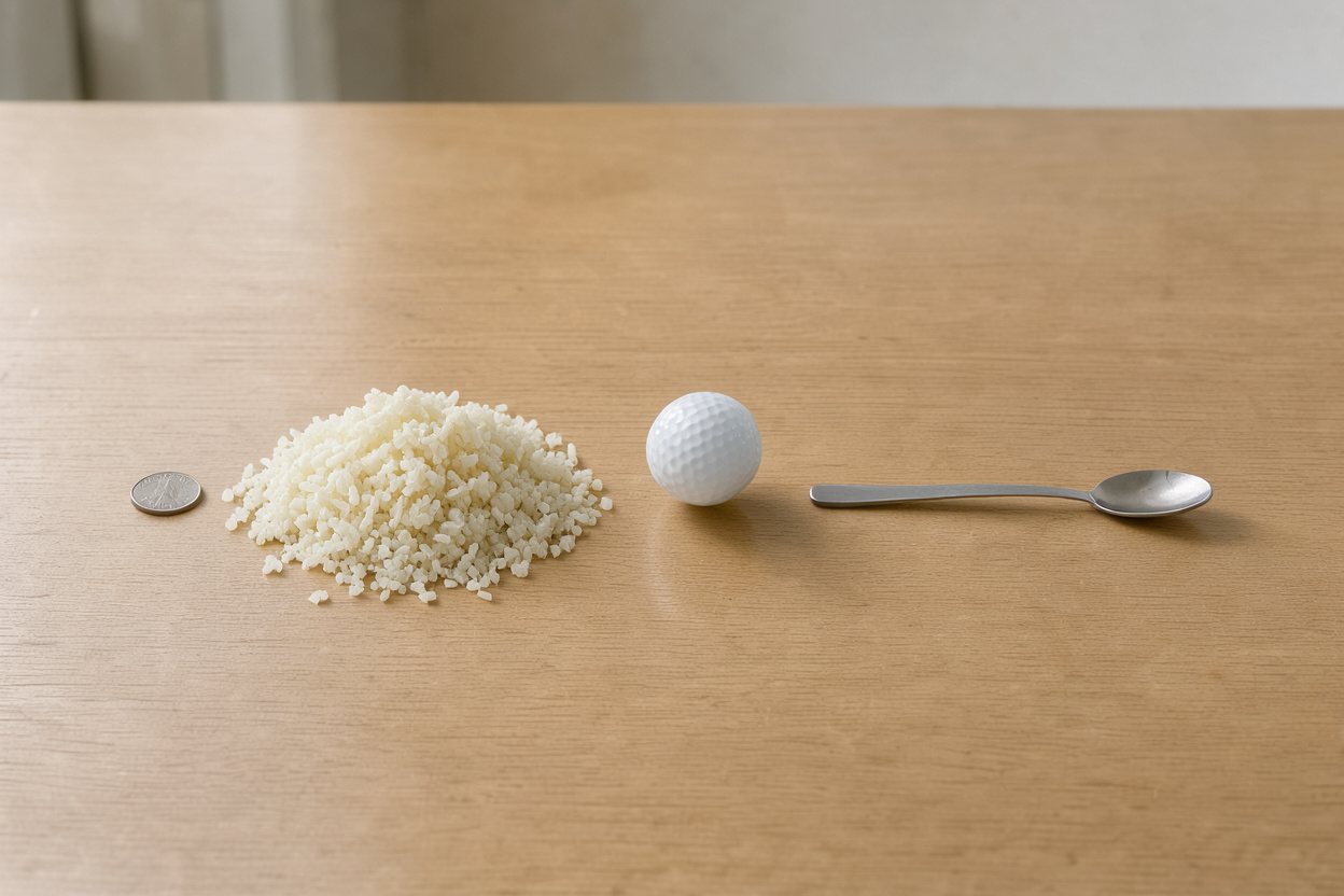 What does 100 grams of cauliflower rice look like? Shown at true scale next to a US quarter, a golf ball and a teaspoon.