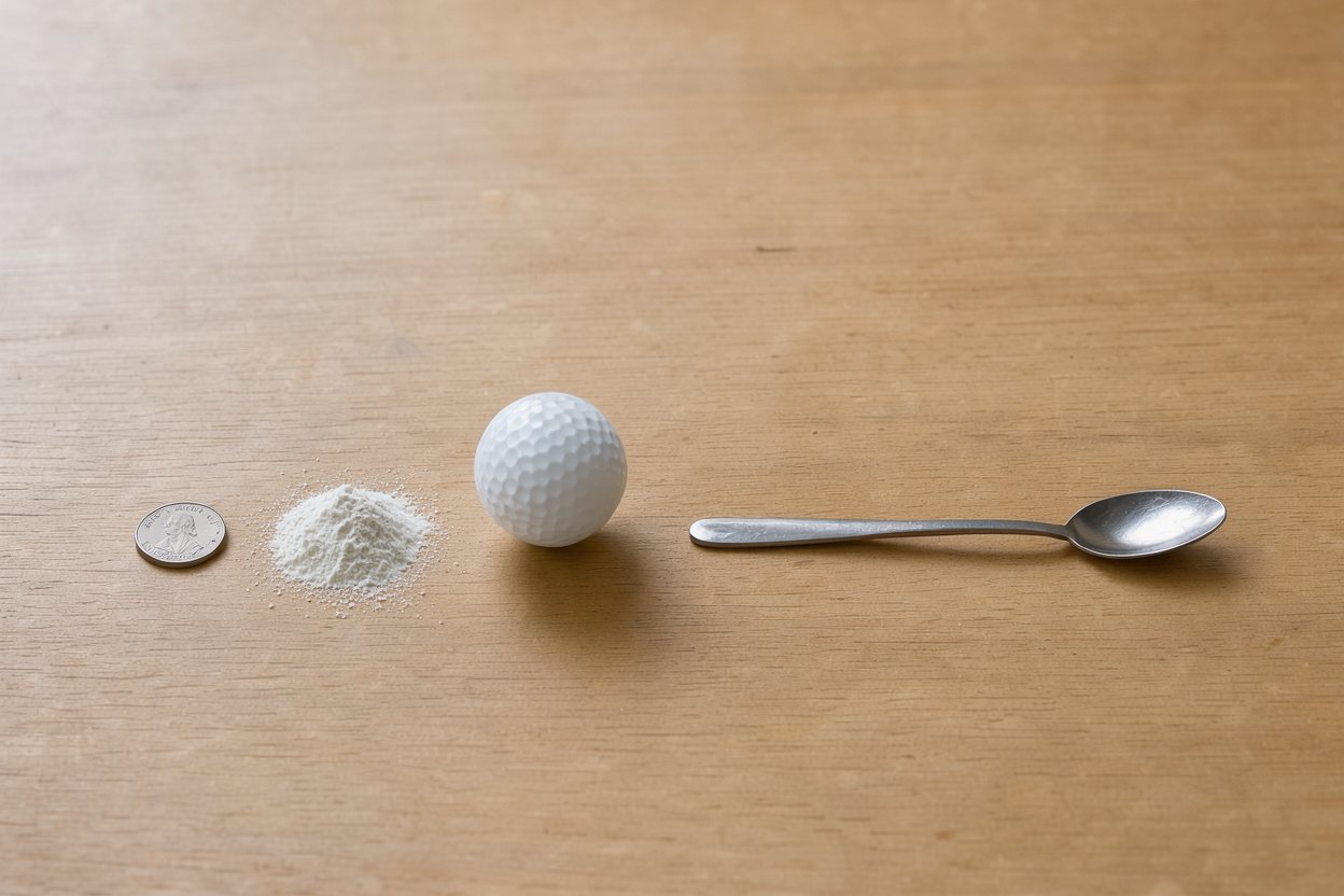 What does 5 grams of electrolyte powder look like? Shown at true scale next to a US quarter, a golf ball and a teaspoon.