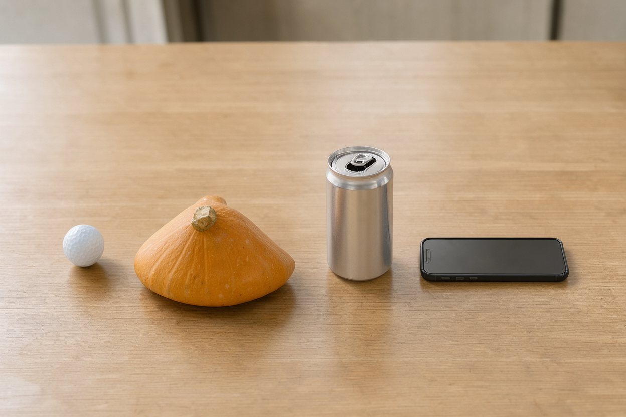 What does 300 grams of butternut squash look like? Shown at true scale next to a golf ball, a soda can and a smartphone.