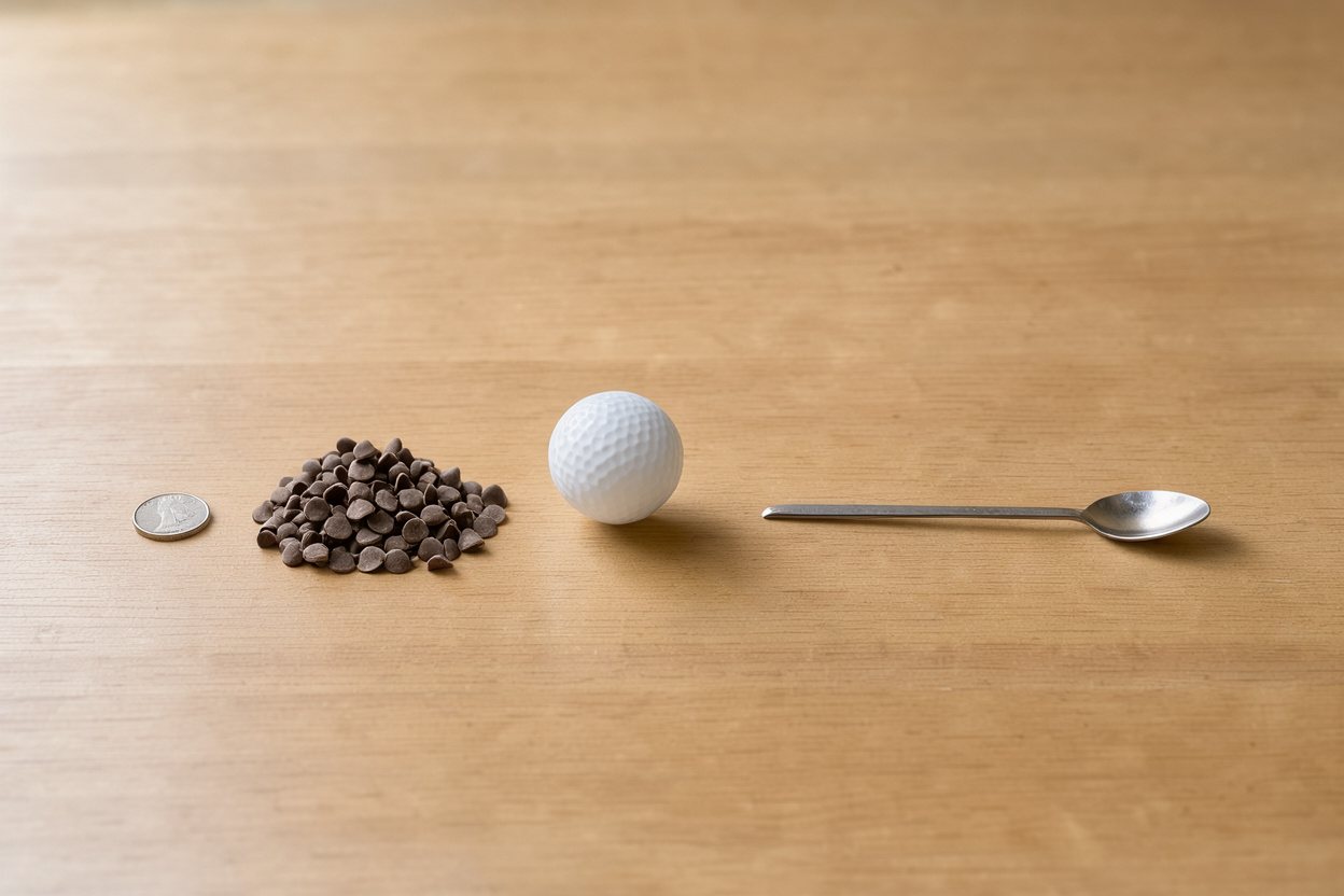 What does 1 ounce of chocolate chips look like? Shown at true scale next to a US quarter, a golf ball and a teaspoon.