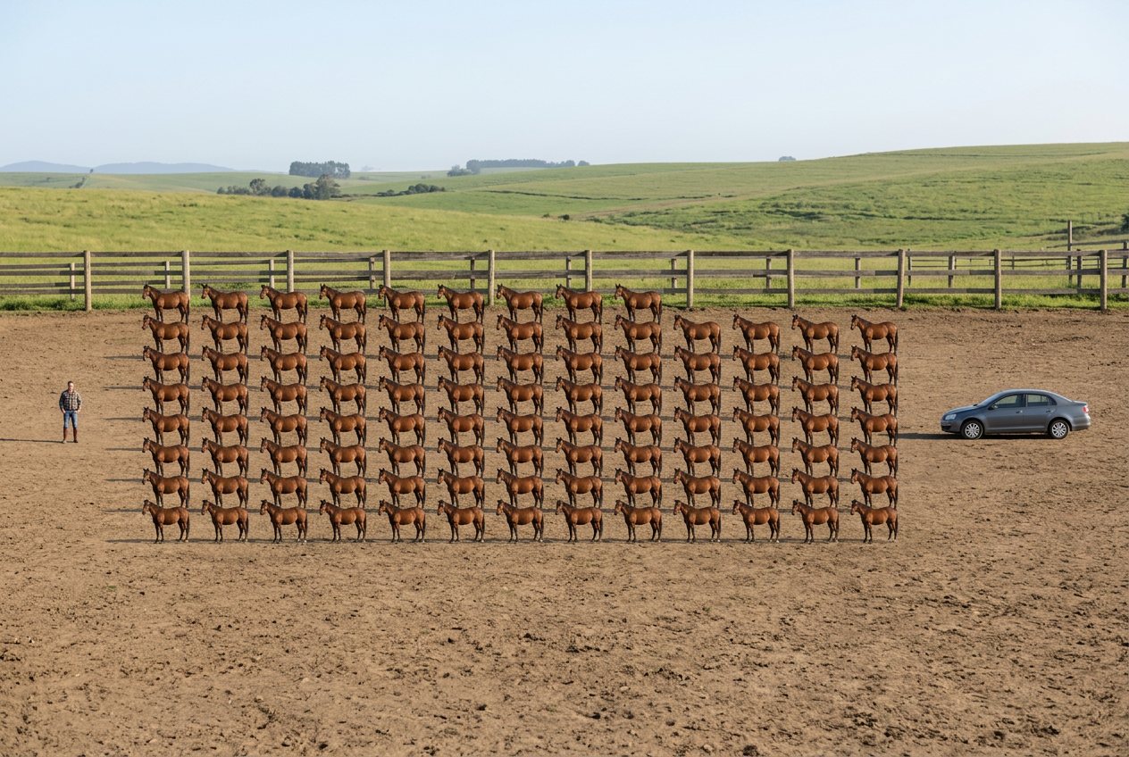 What do 100 horses lined up in neat rows look like? Shown at true scale next to an adult person and a sedan car.