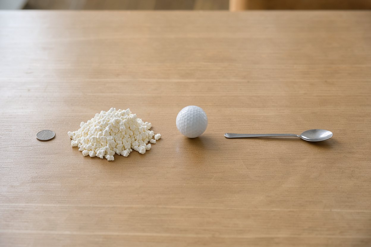 What does 4 ounces of feta cheese look like? Shown at true scale next to a US quarter, a golf ball and a teaspoon.