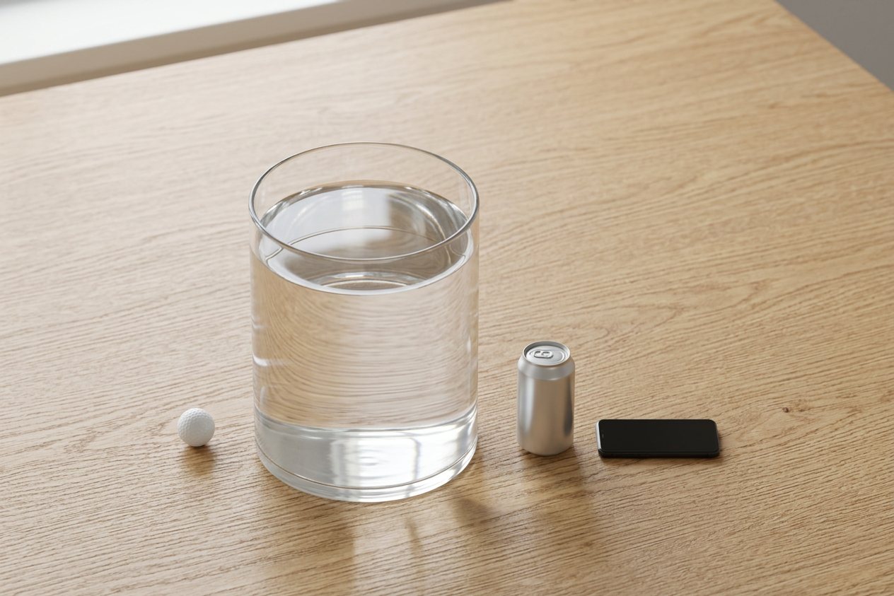 What does 5 gallons of water look like? Shown at true scale next to a golf ball, a soda can and a smartphone.