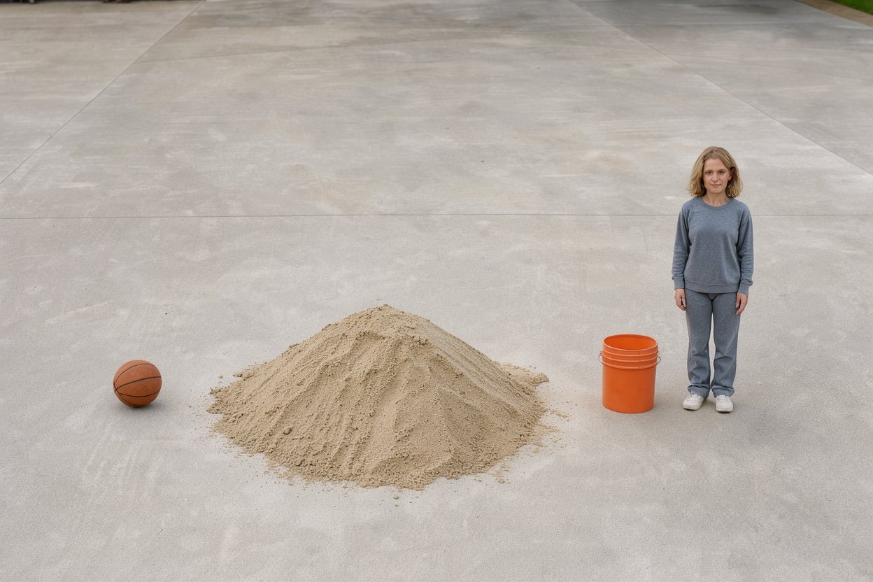 What does 1 ton of dry sand look like? Shown at true scale next to a basketball, a 5-gallon bucket and an adult person.