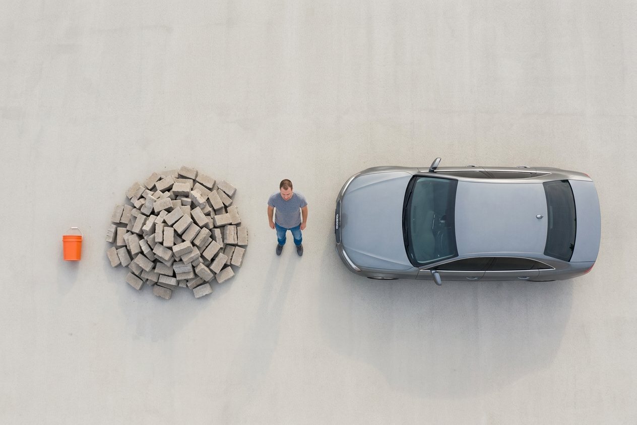 What do 90 retaining wall blocks look like? Shown at true scale next to a 5-gallon bucket, an adult person and a sedan car.
