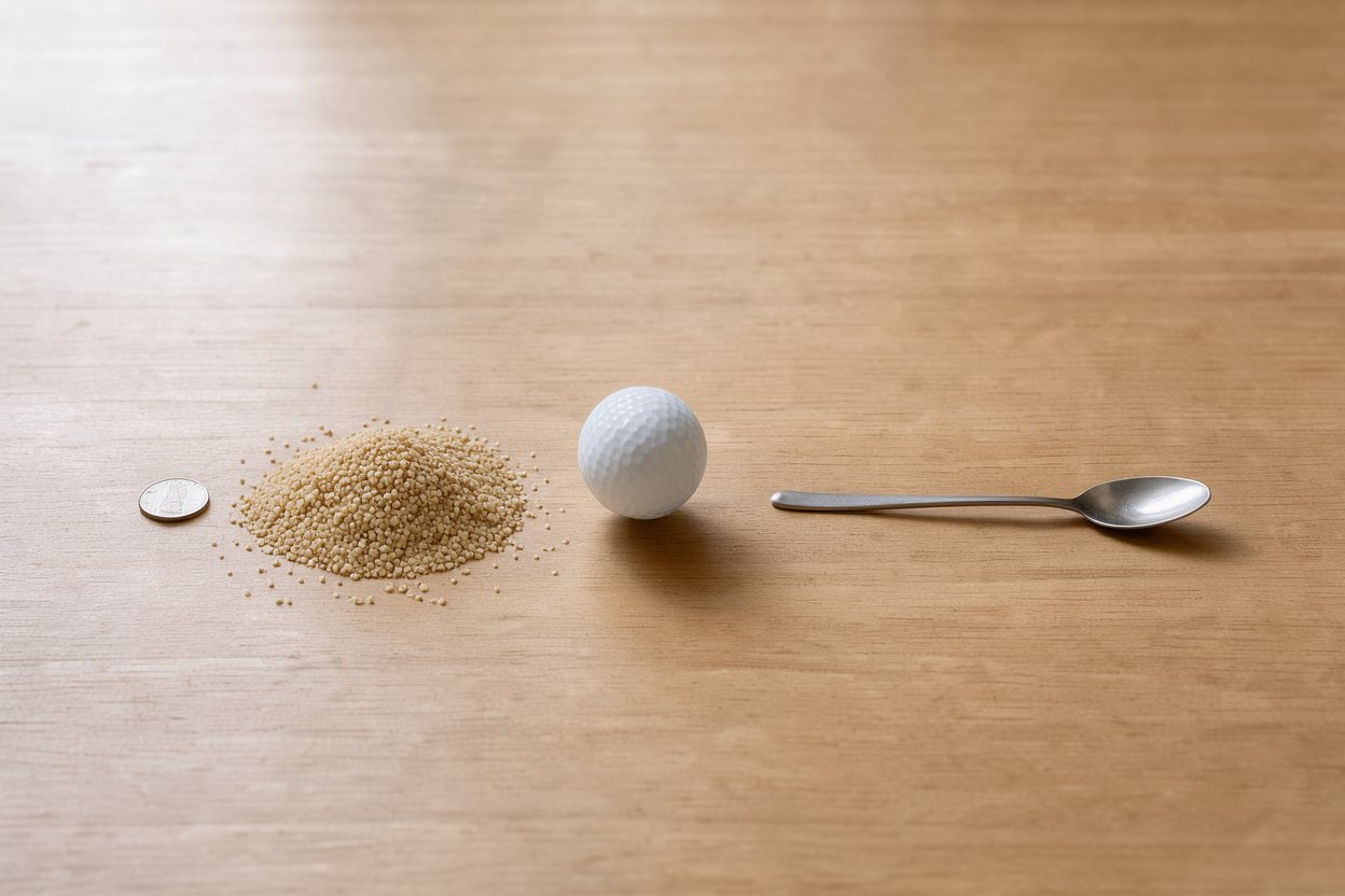 What does 50 grams of bulgur (dry) look like? Shown at true scale next to a US quarter, a golf ball and a teaspoon.