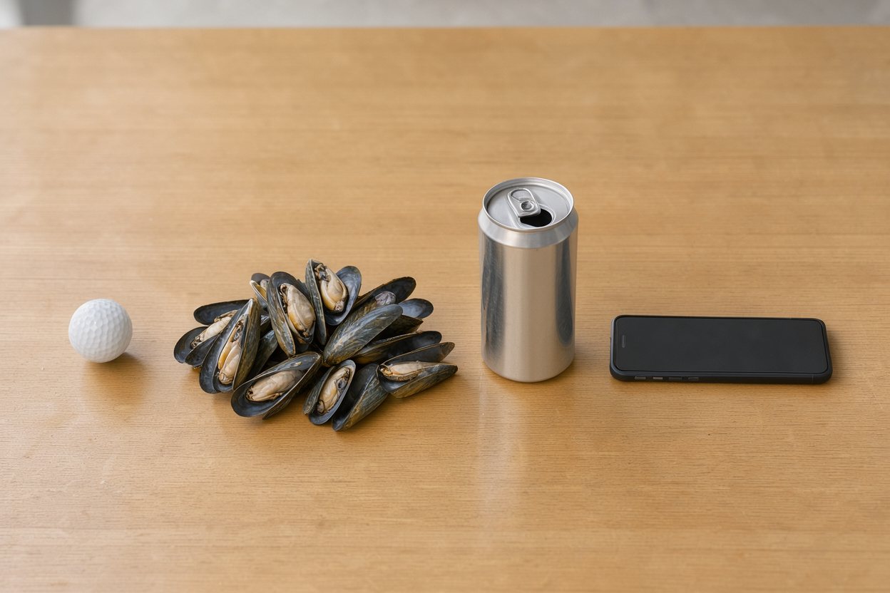 What does 1 pound of fresh mussels look like? Shown at true scale next to a golf ball, a soda can and a smartphone.