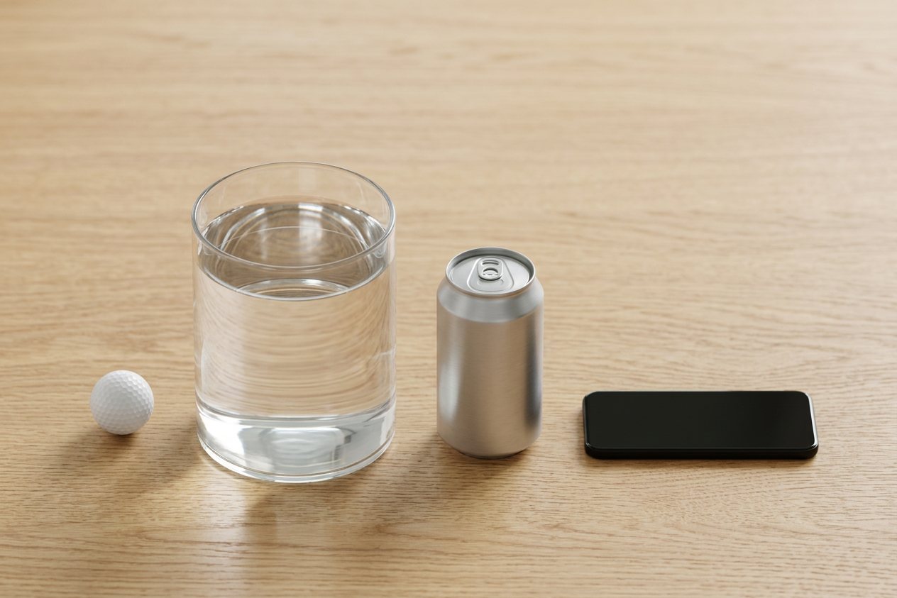 What does 2 liters of water look like? Shown at true scale next to a golf ball, a soda can and a smartphone.