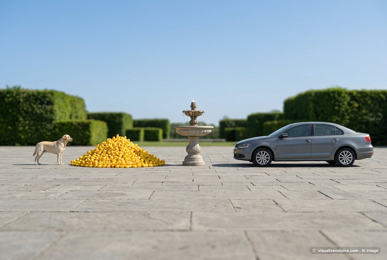 Garden fountain, in “How many rubber ducks would fill a fountain?”