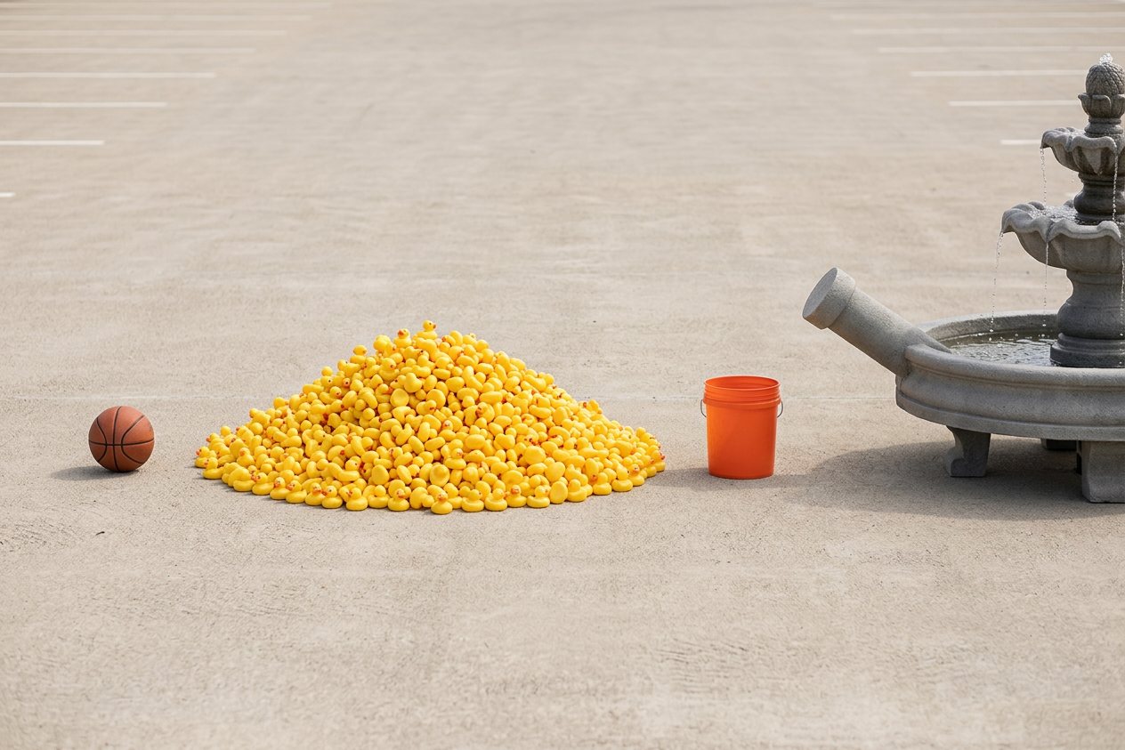How many rubber ducks would fill a fountain? Shown at true scale next to a basketball, a 5-gallon bucket and a fountain.