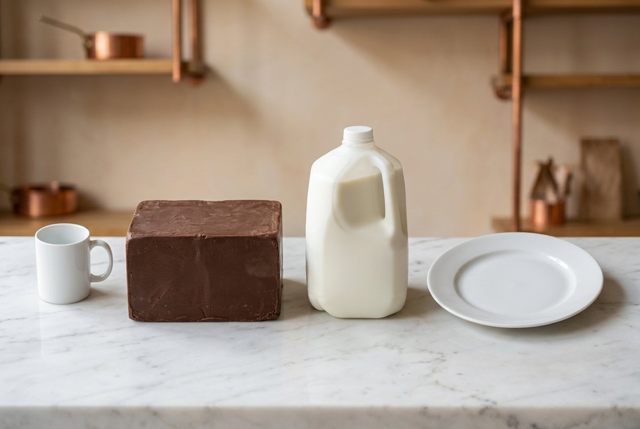 What does 20 pounds of chocolate look like? Shown at true scale next to a coffee mug, a gallon milk jug and a dinner plate.