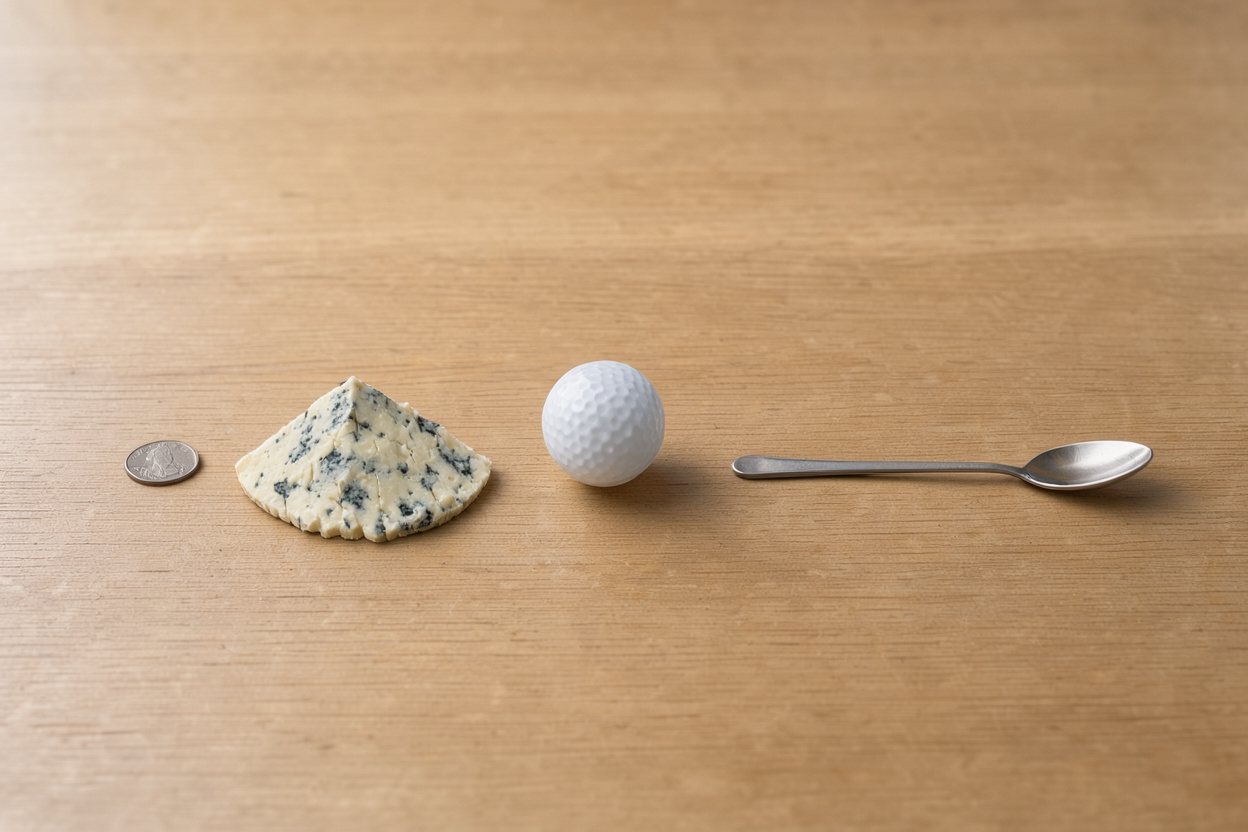 What does 50 grams of blue cheese look like? Shown at true scale next to a US quarter, a golf ball and a teaspoon.