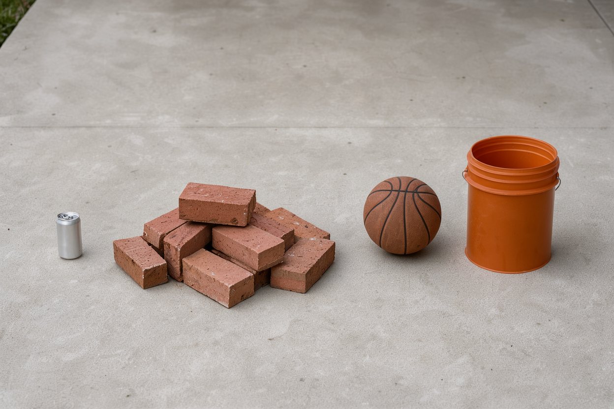 What do 15 bricks look like? Shown at true scale next to a soda can, a basketball and a 5-gallon bucket.