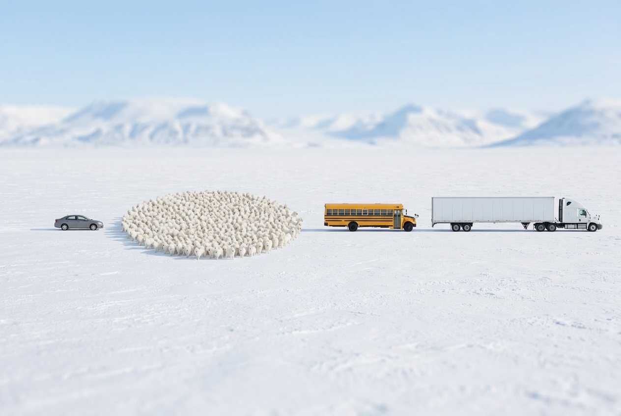 What do 1,000 samoyeds look like? Shown at true scale next to a sedan car, a school bus and a semi truck.