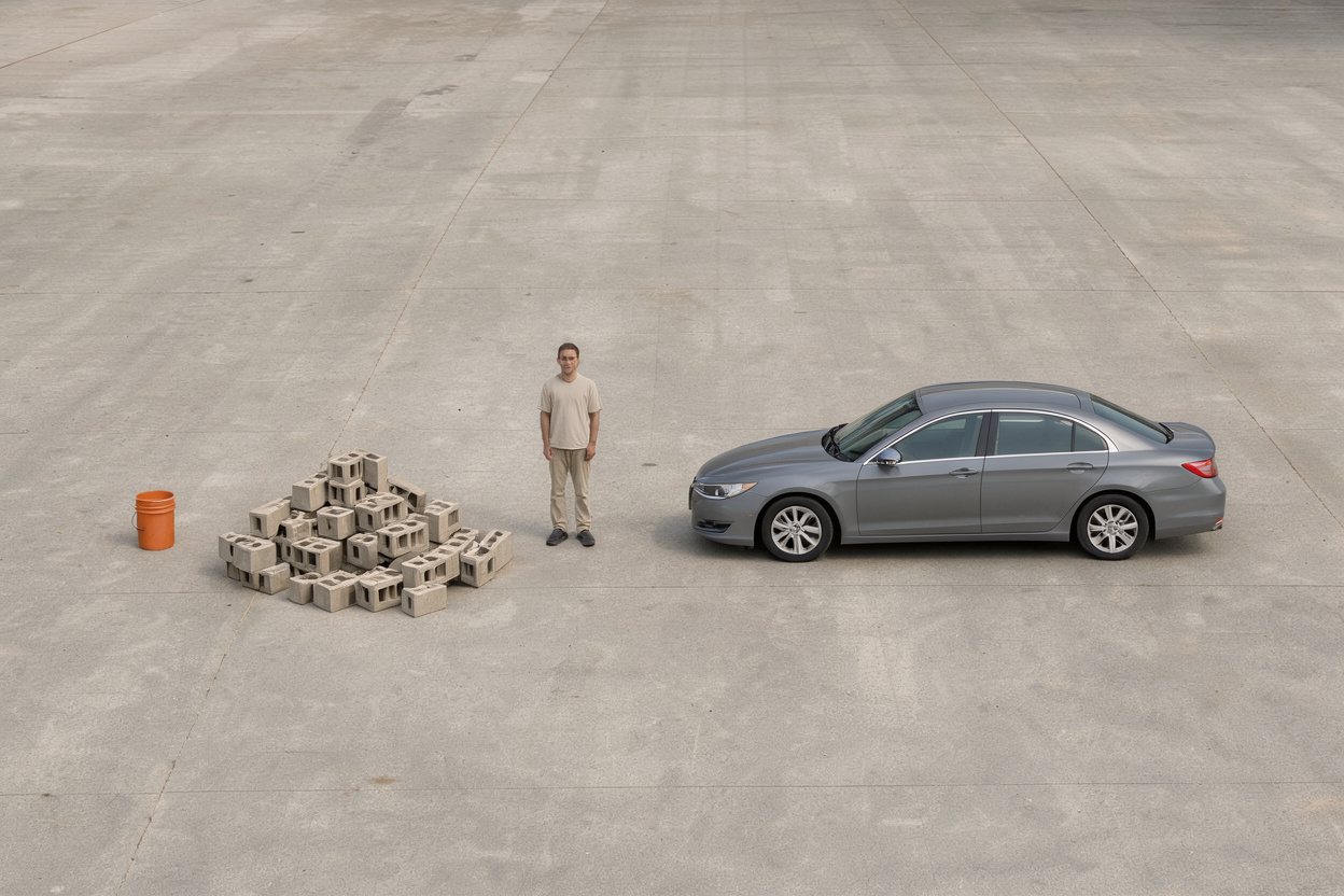 What do 72 cinder blocks look like? Shown at true scale next to a 5-gallon bucket, an adult person and a sedan car.
