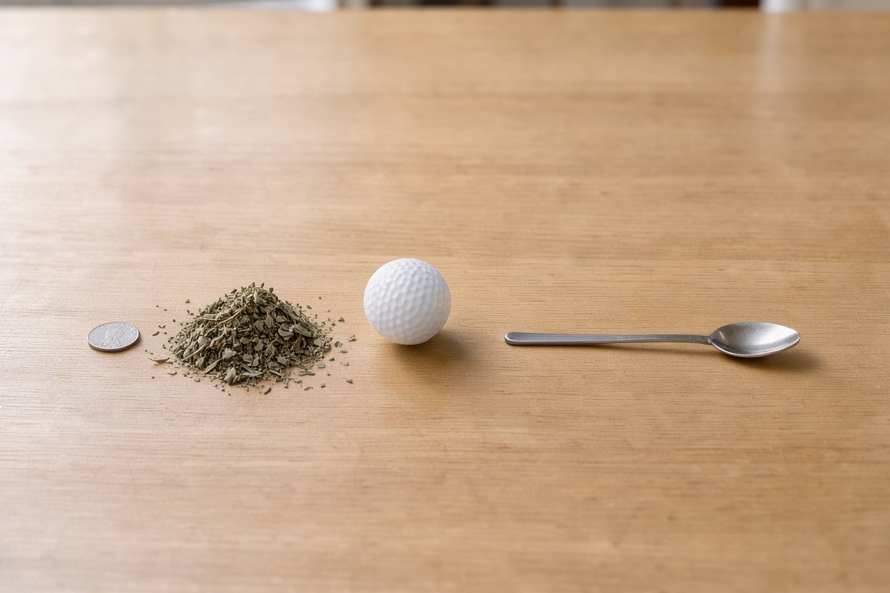 What does 10 grams of dried oregano look like? Shown at true scale next to a US quarter, a golf ball and a teaspoon.