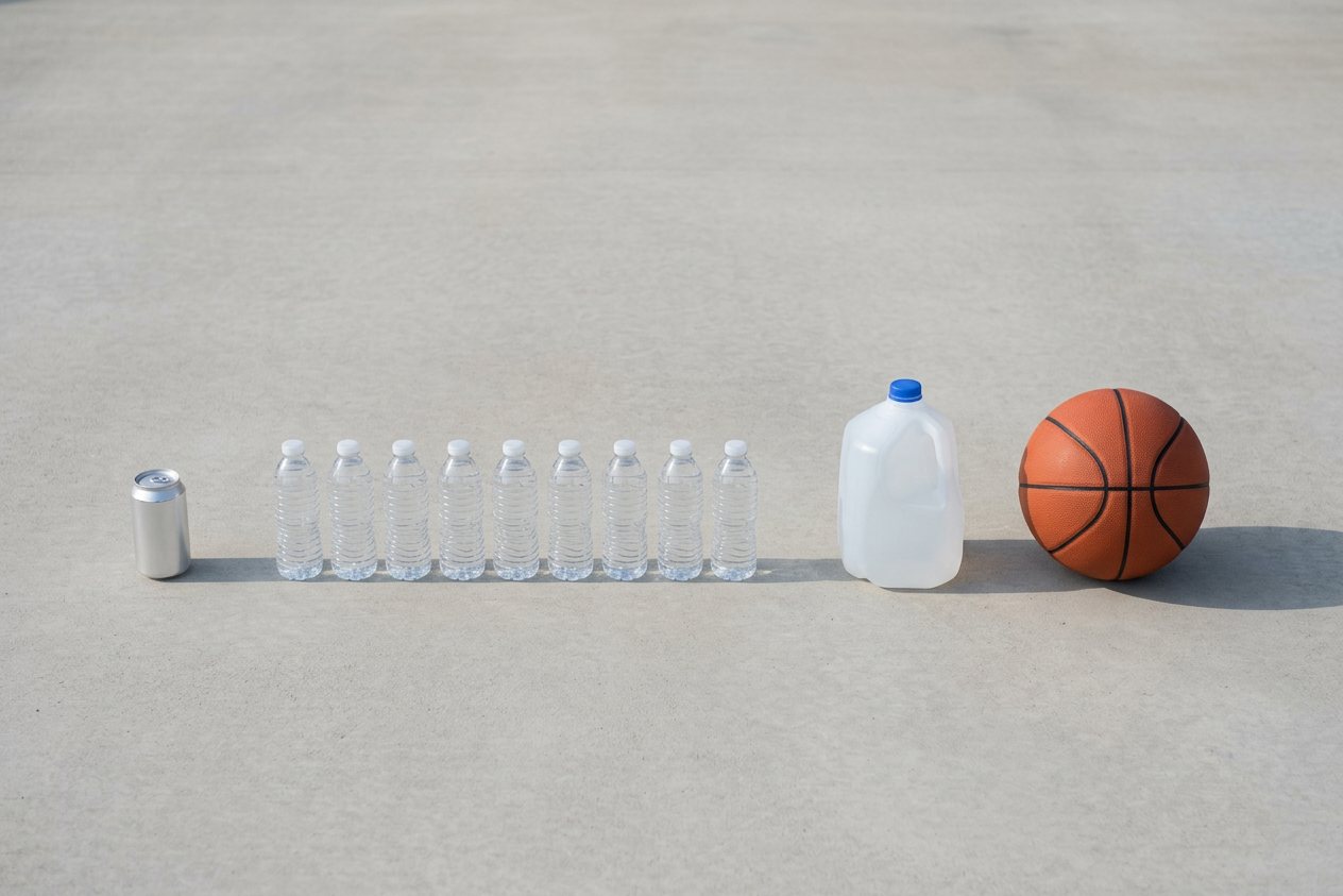How many water bottles would fill a gallon jug? Shown at true scale next to a soda can, a gallon jug and a basketball.