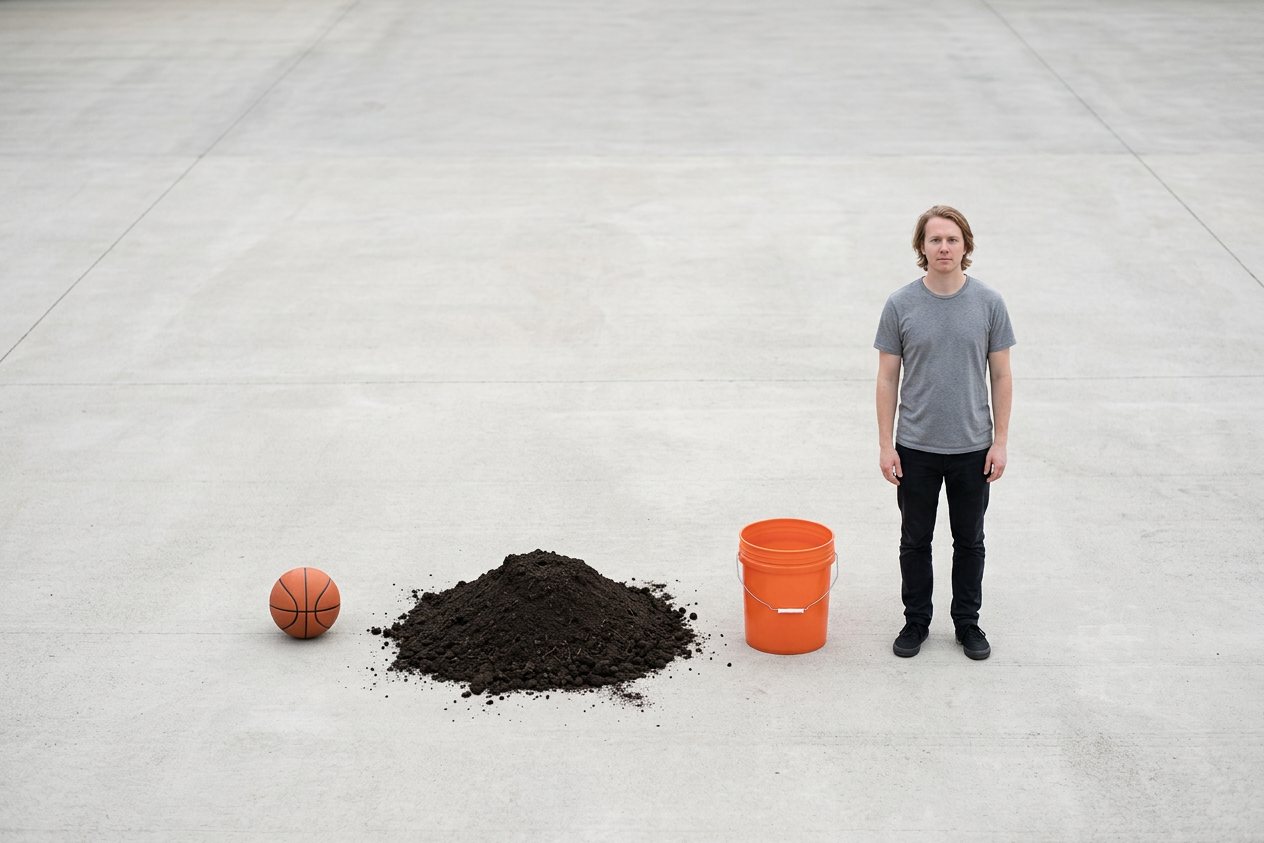 What does 25 gallons of topsoil look like? Shown at true scale next to a basketball, a 5-gallon bucket and an adult person.