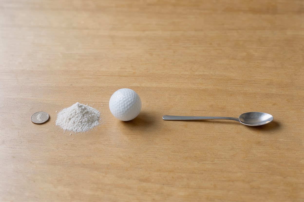 What does 10 grams of creatine monohydrate look like? Shown at true scale next to a US quarter, a golf ball and a teaspoon.