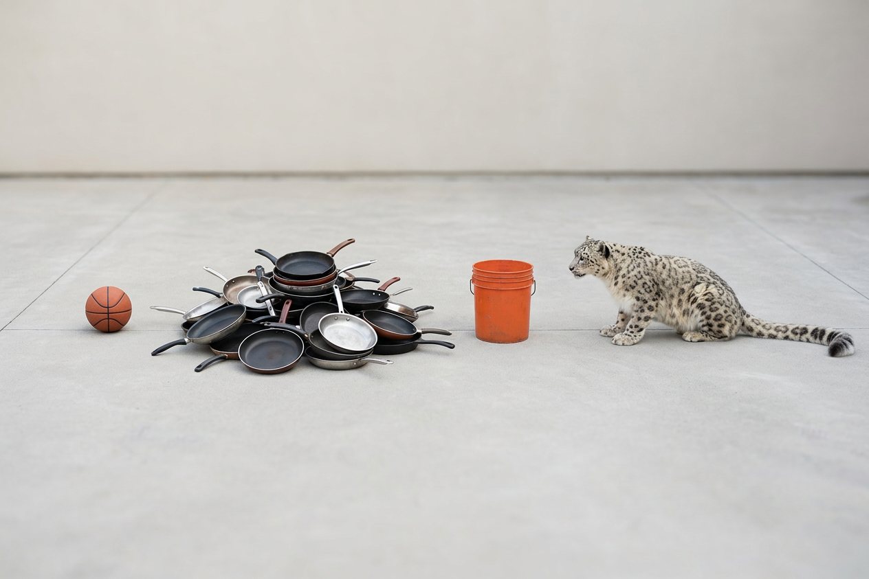 How many frying pans weigh as much as a snow leopard? Shown at true scale next to a basketball, a 5-gallon bucket and a snow leopard.