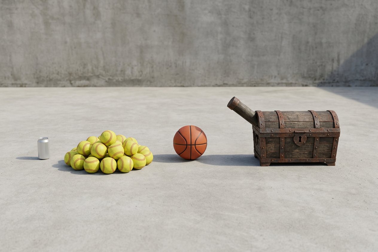 How many softballs would fill a treasure chest? Shown at true scale next to a soda can, a basketball and a treasure chest.
