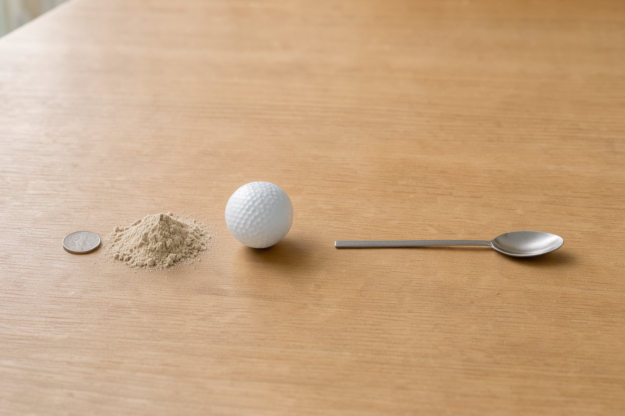 What does 10 grams of pre-workout powder look like? Shown at true scale next to a US quarter, a golf ball and a teaspoon.